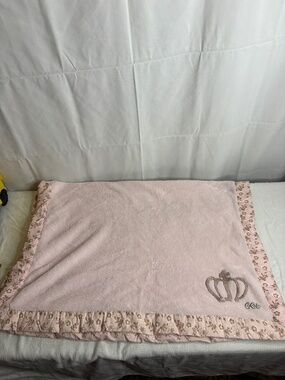 Cocalo Baby Pink Blanket Floral Pink Brown Trim Embroidered Crown 30 in x 40 in